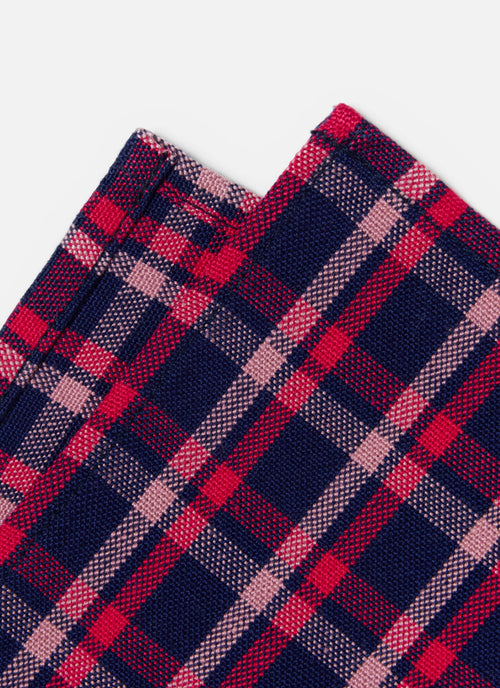 Close-up of red and blue plaid fabric on a white background