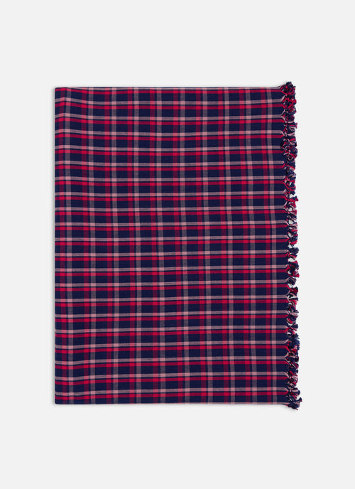 Plaid tablecloth with red and blue pattern on a white background