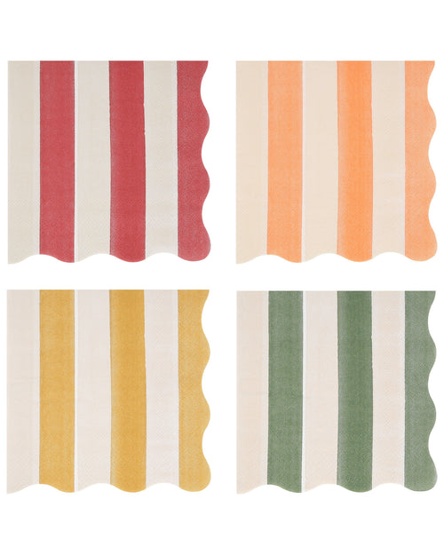 Four striped panels in red, orange, yellow, and green on a white background