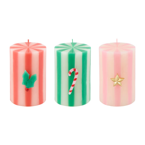 Festive Striped Pillar Candles (x3)