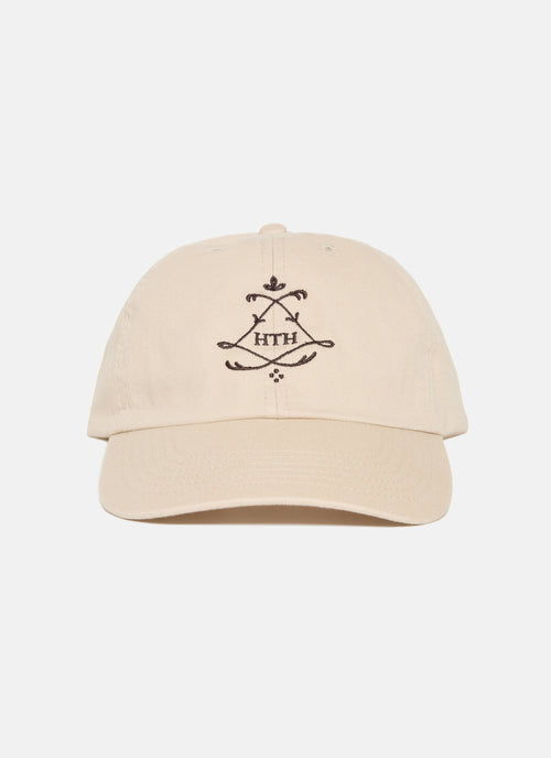 Beige cap with black logo on a white background