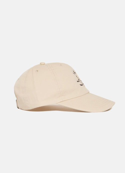 Beige baseball cap with a logo on a white background