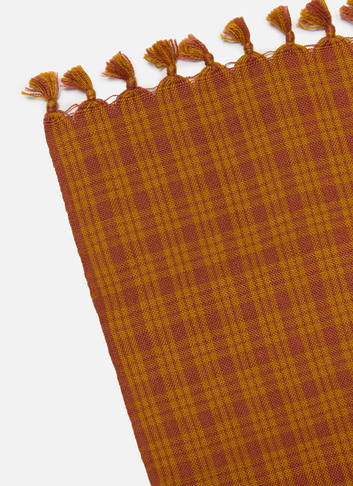 Textile with a checkered pattern and tassels on a white background
