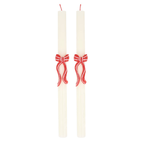 Red Stripy Bow Table Candles (x2)